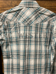 Panhandle RMN2S02820 Mens Rough Stock Snap Long Sleeve Shirt Teal back close up. If you need any assistance with this item or the purchase of this item please call us at five six one seven four eight eight eight zero one Monday through Saturday 10:00a.m EST to 8:00 p.m EST