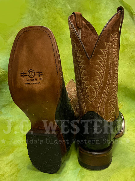 Circle G L6054 Mens Embroidery Wide Square Toe Caiman Boot Olive Green Ocher sole and back view. If you need any assistance with this item or the purchase of this item please call us at five six one seven four eight eight eight zero one Monday through Saturday 10:00a.m EST to 8:00 p.m EST.
