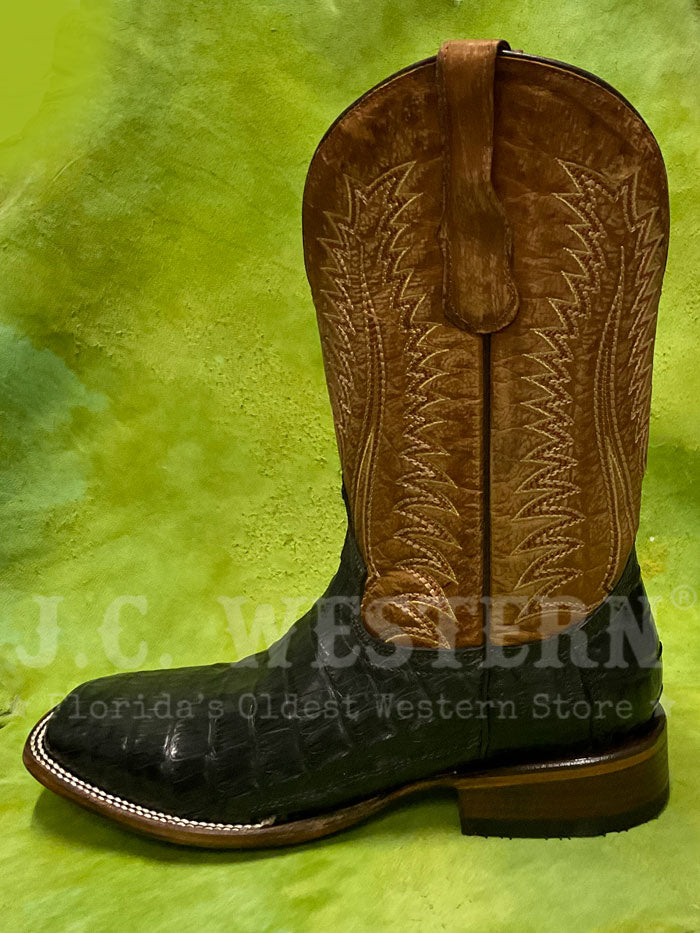 Circle G L6054 Mens Embroidery Wide Square Toe Caiman Boot Olive Green Ocher front and inner side view. If you need any assistance with this item or the purchase of this item please call us at five six one seven four eight eight eight zero one Monday through Saturday 10:00a.m EST to 8:00 p.m EST