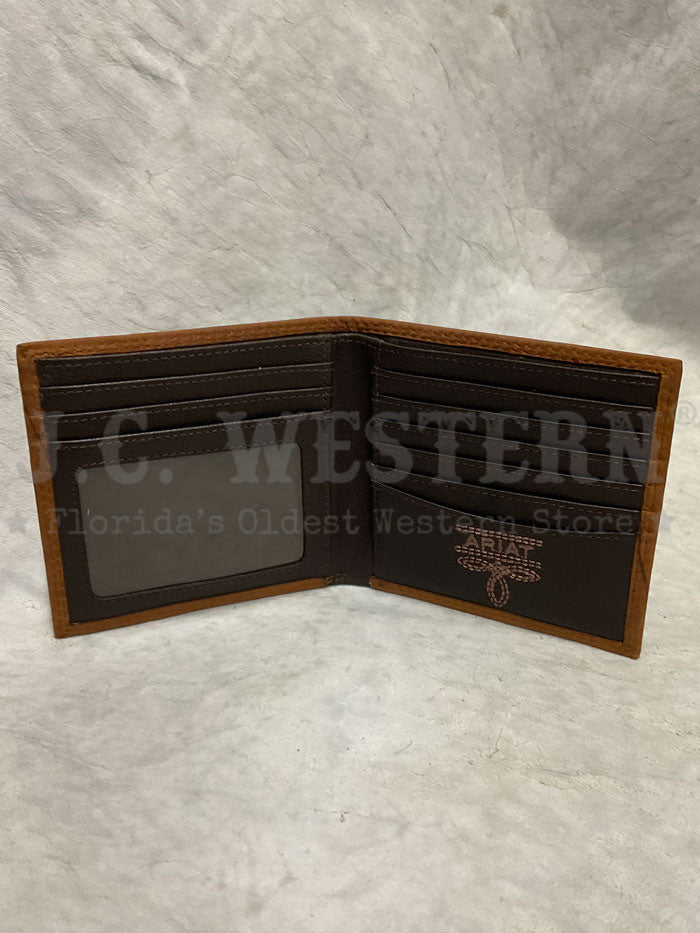 Ariat A3548244 Mens Bifold Embossed Logo Wallet Bark front view. If you need any assistance with this item or the purchase of this item please call us at five six one seven four eight eight eight zero one Monday through Saturday 10:00a.m EST to 8:00 p.m EST