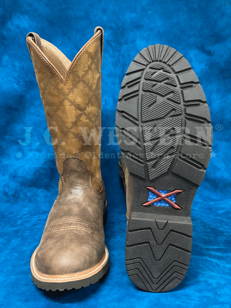 Twisted X MXTR015 Mens Tech X Round Toe Work Boot Brown  front and sole view. If you need any assistance with this item or the purchase of this item please call us at five six one seven four eight eight eight zero one Monday through Saturday 10:00a.m EST to 8:00 p.m EST