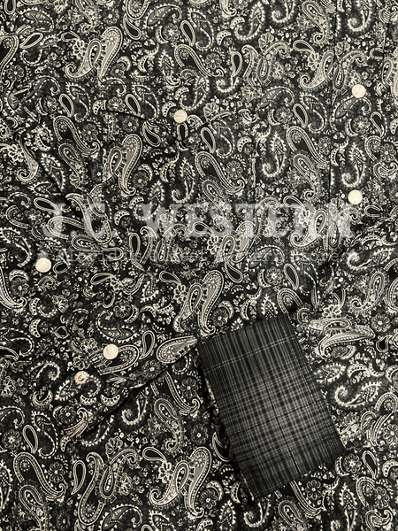 Panhandle RMN2S02829 Mens Paisley Print Snap Western Shirt Charcoal close up view of fabric print and contrast cuff. If you need any assistance with this item or the purchase of this item please call us at five six one seven four eight eight eight zero one Monday through Saturday 10:00a.m EST to 8:00 p.m EST