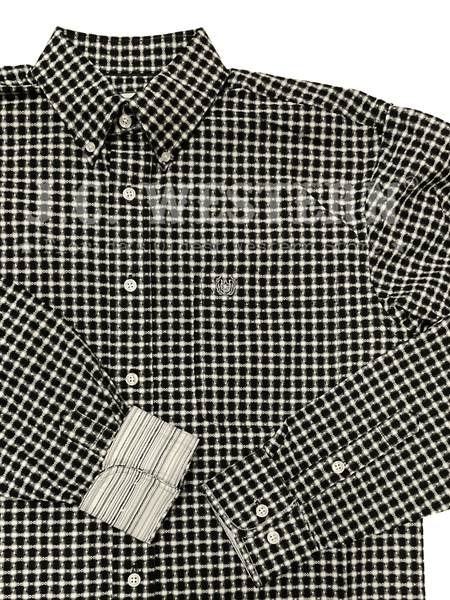 Panhandle RMB2S02827 Mens Long Sleeve Button Down Western Shirt Black close up view of front pocket and contrast cuff. If you need any assistance with this item or the purchase of this item please call us at five six one seven four eight eight eight zero one Monday through Saturday 10:00a.m EST to 8:00 p.m EST