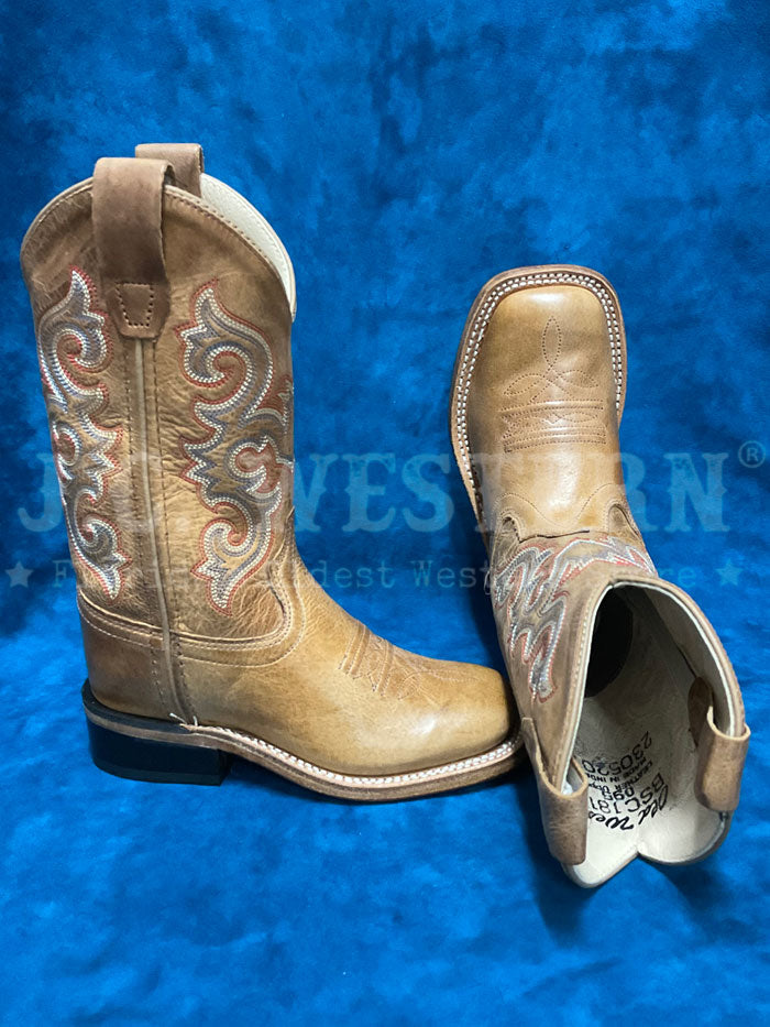 Old West BSC1818 Kids Square Toe Western Leather Boot Tan front and inner side view. If you need any assistance with this item or the purchase of this item please call us at five six one seven four eight eight eight zero one Monday through Saturday 10:00a.m EST to 8:00 p.m EST