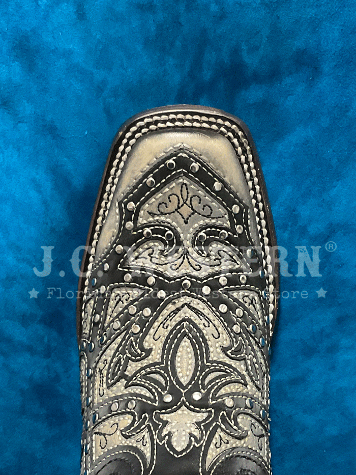 Corral C4046 Ladies Laser Embroidered And Studs Western Boot Black And Grey front and side view. If you need any assistance with this item or the purchase of this item please call us at five six one seven four eight eight eight zero one Monday through Saturday 10:00a.m EST to 8:00 p.m EST