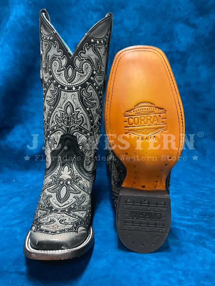 Corral C4046 Ladies Laser Embroidered And Studs Western Boot Black And Grey front and side view. If you need any assistance with this item or the purchase of this item please call us at five six one seven four eight eight eight zero one Monday through Saturday 10:00a.m EST to 8:00 p.m EST