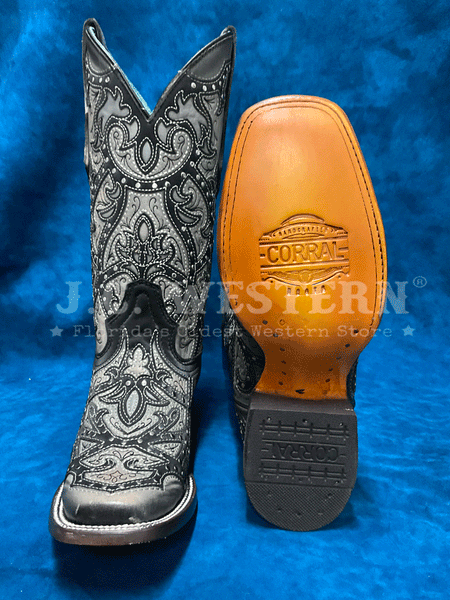 Corral C4046 Ladies Laser Embroidered And Studs Western Boot Black And Grey front and sole view. If you need any assistance with this item or the purchase of this item please call us at five six one seven four eight eight eight zero one Monday through Saturday 10:00a.m EST to 8:00 p.m EST
