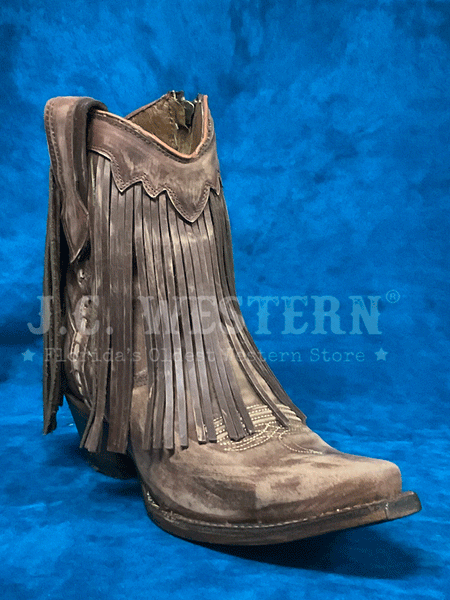 Circle G L6072 Ladies Brick Fringes Ankle Western Boot Brown front and side view. If you need any assistance with this item or the purchase of this item please call us at five six one seven four eight eight eight zero one Monday through Saturday 10:00a.m EST to 8:00 p.m EST