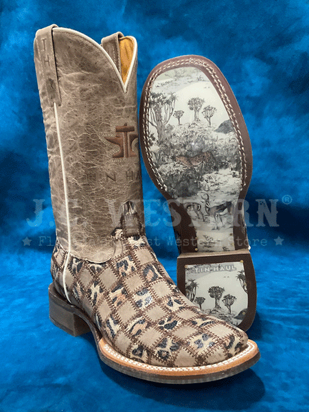 Tin Haul 14-021-0007-1512 Womens Chetah Chick Square Toe Western Boot Tan front side and sole view. If you need any assistance with this item or the purchase of this item please call us at five six one seven four eight eight eight zero one Monday through Saturday 10:00a.m EST to 8:00 p.m EST