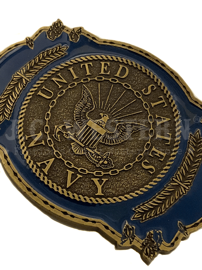 Eagle Emblems B0121 United States Navy Pewter Belt Buckle front view. If you need any assistance with this item or the purchase of this item please call us at five six one seven four eight eight eight zero one Monday through Saturday 10:00a.m EST to 8:00 p.m EST