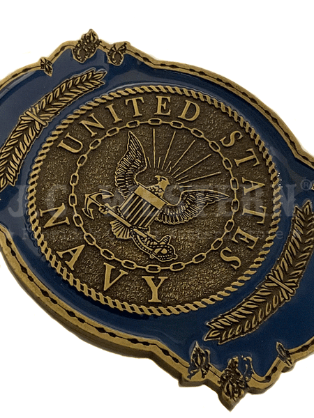 Eagle Emblems B0121 United States Navy Pewter Belt Buckle close up view of front. If you need any assistance with this item or the purchase of this item please call us at five six one seven four eight eight eight zero one Monday through Saturday 10:00a.m EST to 8:00 p.m EST