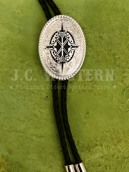 Double S 2270236 Aztec Design Bolo Tie Silver front close up view. If you need any assistance with this item or the purchase of this item please call us at five six one seven four eight eight eight zero one Monday through Saturday 10:00a.m EST to 8:00 p.m EST