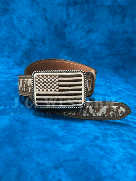 Ariat A1030844 Mens Digital Camo Belt With USA Flag Buckle Medium Brown close up view of buckle. If you need any assistance with this item or the purchase of this item please call us at five six one seven four eight eight eight zero one Monday through Saturday 10:00a.m EST to 8:00 p.m EST
