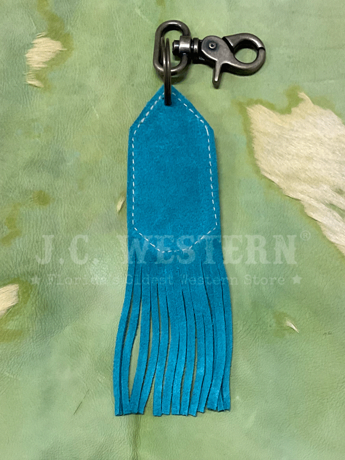 Myra Bag S-4077 Wild Blue Leaf Leather Keyfob Turquoise front view. If you need any assistance with this item or the purchase of this item please call us at five six one seven four eight eight eight zero one Monday through Saturday 10:00a.m EST to 8:00 p.m EST
