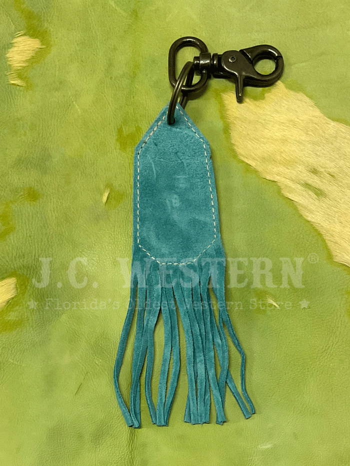 Myra Bag S-4079 Aqua Leaf Leather Keyfob Turquoise front view. If you need any assistance with this item or the purchase of this item please call us at five six one seven four eight eight eight zero one Monday through Saturday 10:00a.m EST to 8:00 p.m EST