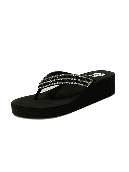 Yellow Box 52177 Womens Stasya Flip Flop Sandals Black sude and front view. If you need any assistance with this item or the purchase of this item please call us at five six one seven four eight eight eight zero one Monday through Saturday 10:00a.m EST to 8:00 p.m EST