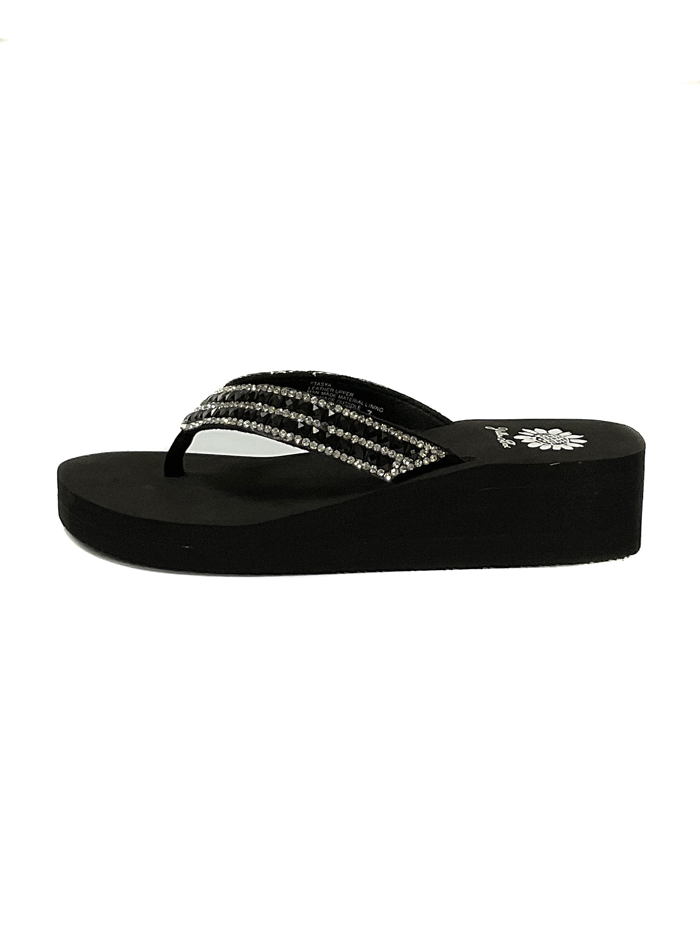 Yellow Box 52177 Womens Stasya Flip Flop Sandals Black sude and front view. If you need any assistance with this item or the purchase of this item please call us at five six one seven four eight eight eight zero one Monday through Saturday 10:00a.m EST to 8:00 p.m EST