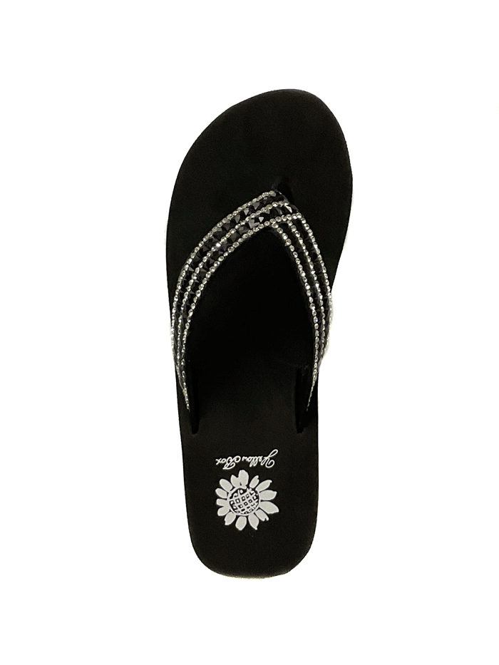 Yellow Box 52177 Womens Stasya Flip Flop Sandals Black sude and front view. If you need any assistance with this item or the purchase of this item please call us at five six one seven four eight eight eight zero one Monday through Saturday 10:00a.m EST to 8:00 p.m EST