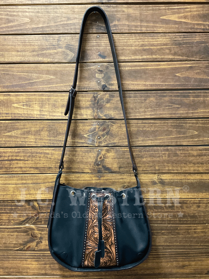 Nocona N770010501 Womens Stacey Style Conceal Carry Bucket Purse Black front view standing. If you need any assistance with this item or the purchase of this item please call us at five six one seven four eight eight eight zero one Monday through Saturday 10:00a.m EST to 8:00 p.m EST