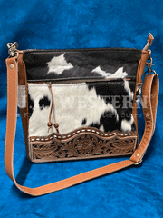Myra Bag S-5189 Womens Genetic Hand-Tooled Hairon Bag Tan front view standing. If you need any assistance with this item or the purchase of this item please call us at five six one seven four eight eight eight zero one Monday through Saturday 10:00a.m EST to 8:00 p.m EST