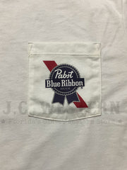Hooey HT1703CR Mens Pabst Blue Ribbon T-Shirt Cream front pocket close up view. If you need any assistance with this item or the purchase of this item please call us at five six one seven four eight eight eight zero one Monday through Saturday 10:00a.m EST to 8:00 p.m EST