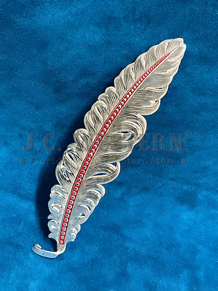 Montana Silversmiths HF4059 Hat Feather Red And Silver font view. If you need any assistance with this item or the purchase of this item please call us at five six one seven four eight eight eight zero one Monday through Saturday 10:00a.m EST to 8:00 p.m EST