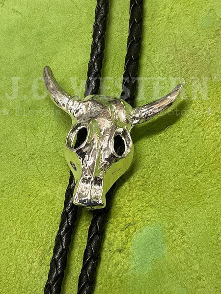 Fashionwest 1101S Skull Western Bolo Tie Silver front view close up. If you need any assistance with this item or the purchase of this item please call us at five six one seven four eight eight eight zero one Monday through Saturday 10:00a.m EST to 8:00 p.m EST