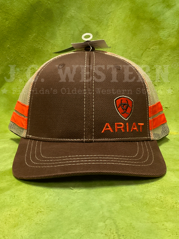 Ariat 1595002 Shield Logo Mesh Snap Back Cap Brown front and side view. If you need any assistance with this item or the purchase of this item please call us at five six one seven four eight eight eight zero one Monday through Saturday 10:00a.m EST to 8:00 p.m EST