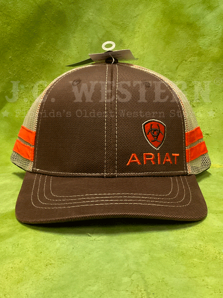 Ariat 1595002 Shield Logo Mesh Snap Back Cap Brown full front view. If you need any assistance with this item or the purchase of this item please call us at five six one seven four eight eight eight zero one Monday through Saturday 10:00a.m EST to 8:00 p.m EST