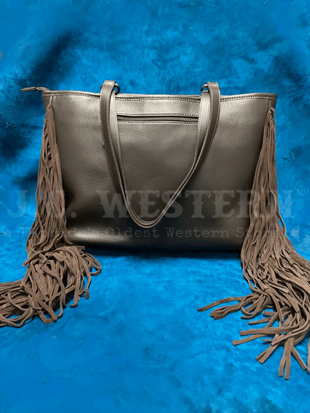 Ariat A770006702 Womens Scarlett Wide Tote Calf Hair Fringe Brown back view. If you need any assistance with this item or the purchase of this item please call us at five six one seven four eight eight eight zero one Monday through Saturday 10:00a.m EST to 8:00 p.m EST