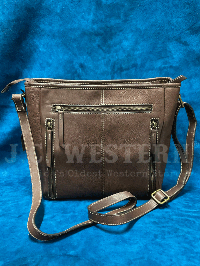 Ariat A770008102 Womens Calf Hair Patchwork Savannah Collection Messenger Bag Brown front view. If you need any assistance with this item or the purchase of this item please call us at five six one seven four eight eight eight zero one Monday through Saturday 10:00a.m EST to 8:00 p.m EST