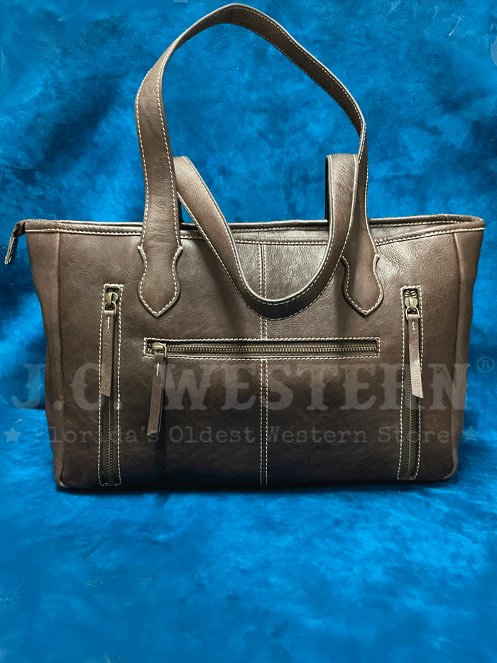 Ariat A770008002 Womens Calf Hair Patchwork Savannah Collection Tote Brown front view. If you need any assistance with this item or the purchase of this item please call us at five six one seven four eight eight eight zero one Monday through Saturday 10:00a.m EST to 8:00 p.m EST