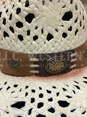 Bullhide 2534W PURE COUNTRY Western Straw Hat White hatband close up. If you need any assistance with this item or the purchase of this item please call us at five six one seven four eight eight eight zero one Monday through Saturday 10:00a.m EST to 8:00 p.m EST