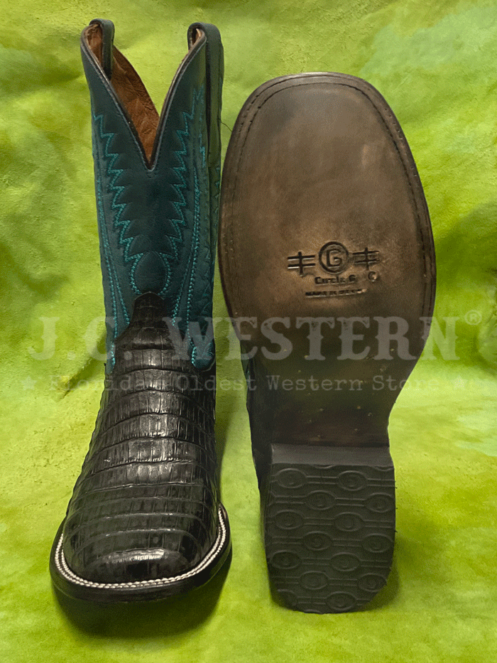 Circle G L6052 Mens Caiman Embroidery Wide Square Toe Boot Blue And Charcoal Gray front and side view. If you need any assistance with this item or the purchase of this item please call us at five six one seven four eight eight eight zero one Monday through Saturday 10:00a.m EST to 8:00 p.m EST