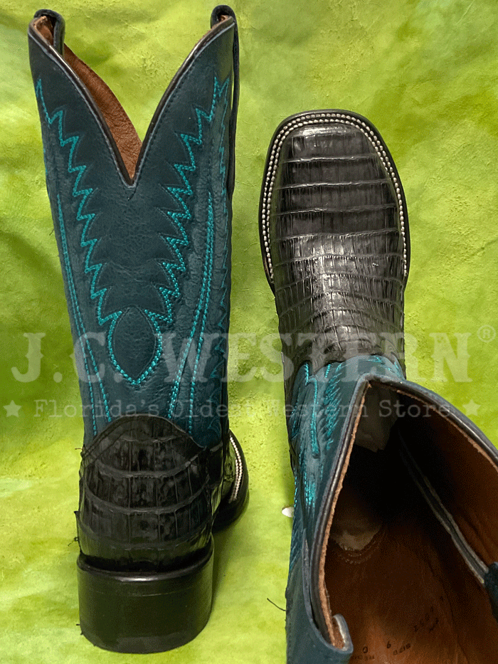 Circle G L6052 Mens Caiman Embroidery Wide Square Toe Boot Blue And Charcoal Gray front and side view. If you need any assistance with this item or the purchase of this item please call us at five six one seven four eight eight eight zero one Monday through Saturday 10:00a.m EST to 8:00 p.m EST