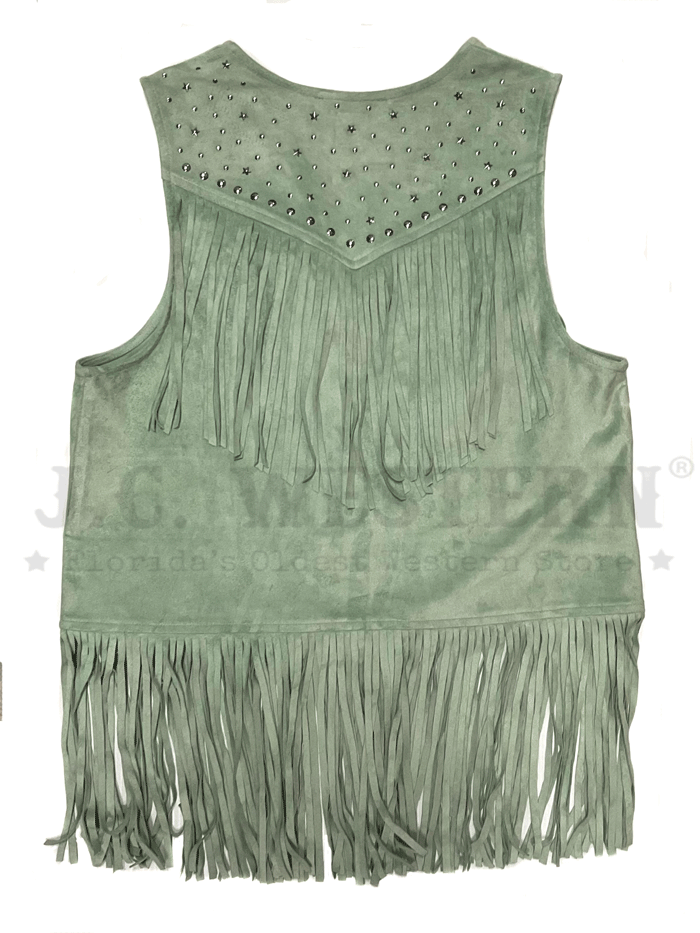 Rock & Roll Denim BW98C03261 Womens Fringe Vest With Studded Yoke Jade Turquoise front view. If you need any assistance with this item or the purchase of this item please call us at five six one seven four eight eight eight zero one Monday through Saturday 10:00a.m EST to 8:00 p.m EST