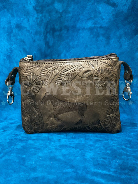 American West 1583884 Ladies Hand Tooled Hip Crossbody Leather Bag  Dark Brown back view. If you need any assistance with this item or the purchase of this item please call us at five six one seven four eight eight eight zero one Monday through Saturday 10:00a.m EST to 8:00 p.m EST