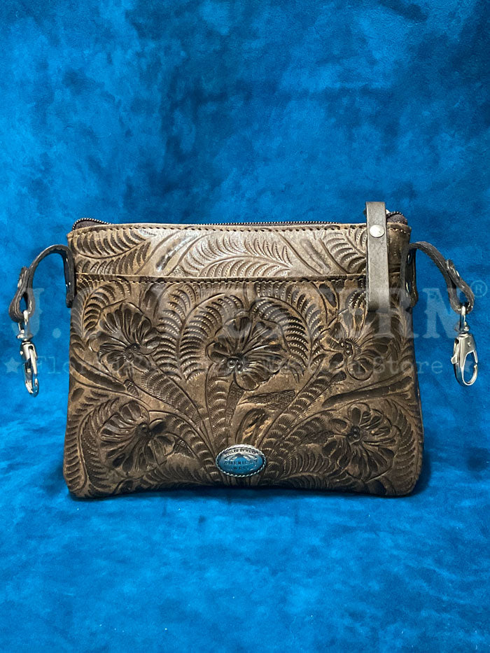 American West 1583884 Ladies Hand Tooled Hip Crossbody Leather Bag  Dark Brown front view. If you need any assistance with this item or the purchase of this item please call us at five six one seven four eight eight eight zero one Monday through Saturday 10:00a.m EST to 8:00 p.m EST