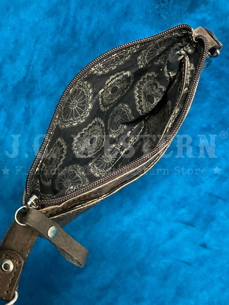 American West 1583884 Ladies Hand Tooled Hip Crossbody Leather Bag  Dark Brown inside view. If you need any assistance with this item or the purchase of this item please call us at five six one seven four eight eight eight zero one Monday through Saturday 10:00a.m EST to 8:00 p.m EST