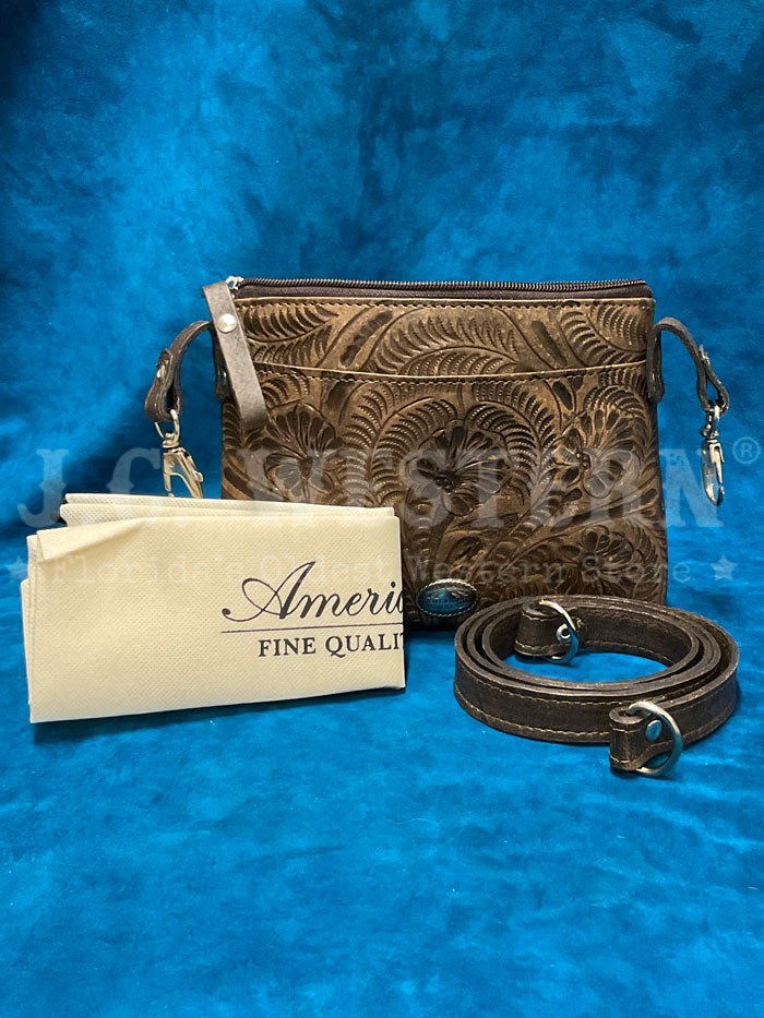 American West 1583884 Ladies Hand Tooled Hip Crossbody Leather Bag  Dark Brown front view. If you need any assistance with this item or the purchase of this item please call us at five six one seven four eight eight eight zero one Monday through Saturday 10:00a.m EST to 8:00 p.m EST