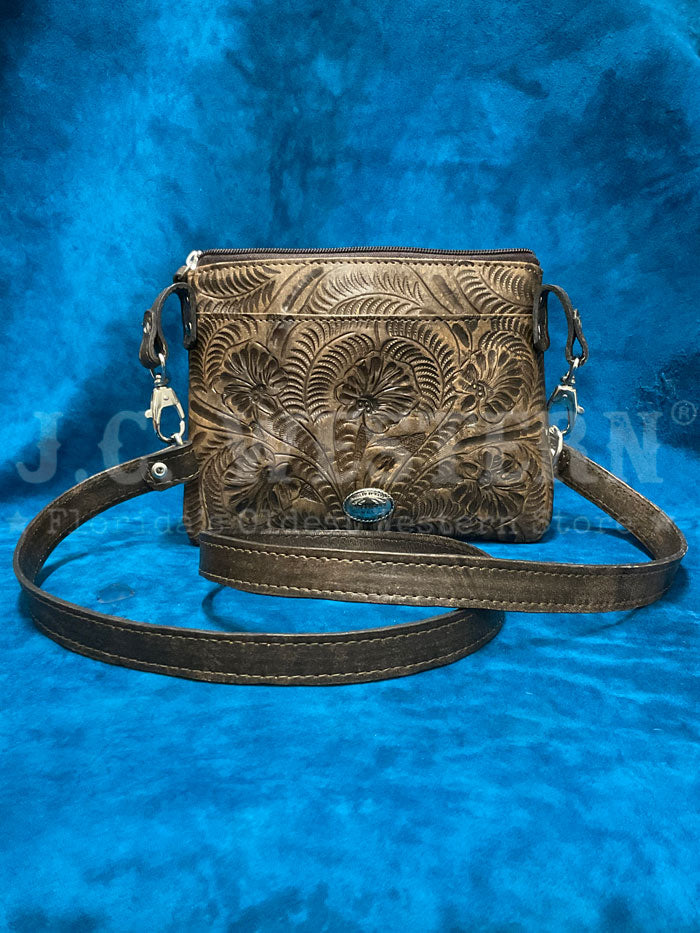American West 1583884 Ladies Hand Tooled Hip Crossbody Leather Bag  Dark Brown front view. If you need any assistance with this item or the purchase of this item please call us at five six one seven four eight eight eight zero one Monday through Saturday 10:00a.m EST to 8:00 p.m EST