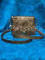 American West 1583884 Ladies Hand Tooled Hip Crossbody Leather Bag  Dark Brown front view with strap. If you need any assistance with this item or the purchase of this item please call us at five six one seven four eight eight eight zero one Monday through Saturday 10:00a.m EST to 8:00 p.m EST