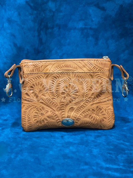 American West 1515884 Ladies Hand Tooled Hip Crossbody Leather Bag Tan front view. If you need any assistance with this item or the purchase of this item please call us at five six one seven four eight eight eight zero one Monday through Saturday 10:00a.m EST to 8:00 p.m EST