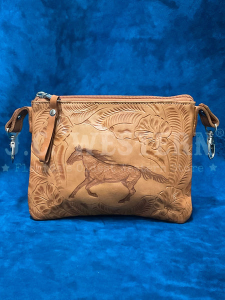 American West 1515884 Ladies Hand Tooled Hip Crossbody Leather Bag Tan back view. If you need any assistance with this item or the purchase of this item please call us at five six one seven four eight eight eight zero one Monday through Saturday 10:00a.m EST to 8:00 p.m EST