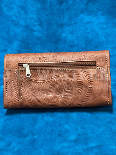 American West 1565282 Ladies Tri-Fold Wallet Brown back view. If you need any assistance with this item or the purchase of this item please call us at five six one seven four eight eight eight zero one Monday through Saturday 10:00a.m EST to 8:00 p.m EST