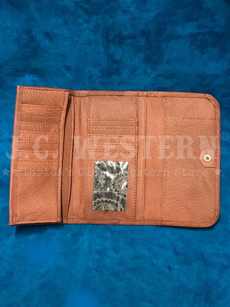 American West 1565282 Ladies Tri-Fold Wallet Brown open inside view. If you need any assistance with this item or the purchase of this item please call us at five six one seven four eight eight eight zero one Monday through Saturday 10:00a.m EST to 8:00 p.m EST