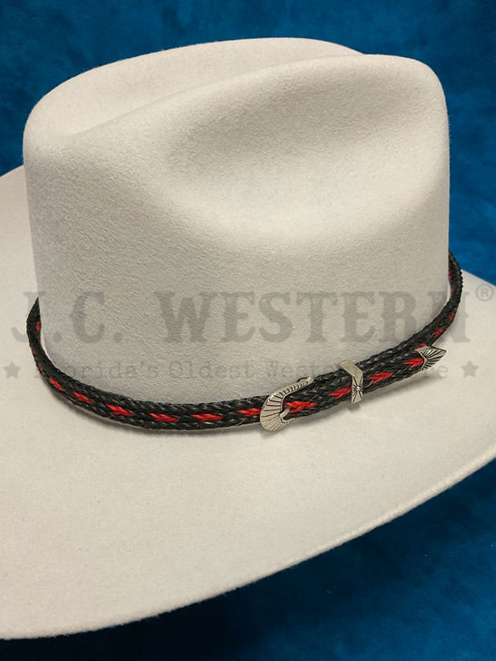 Fashionwest HH100B-6 Horse Hair Hatband Red view on hat. If you need any assistance with this item or the purchase of this item please call us at five six one seven four eight eight eight zero one Monday through Saturday 10:00a.m EST to 8:00 p.m EST
