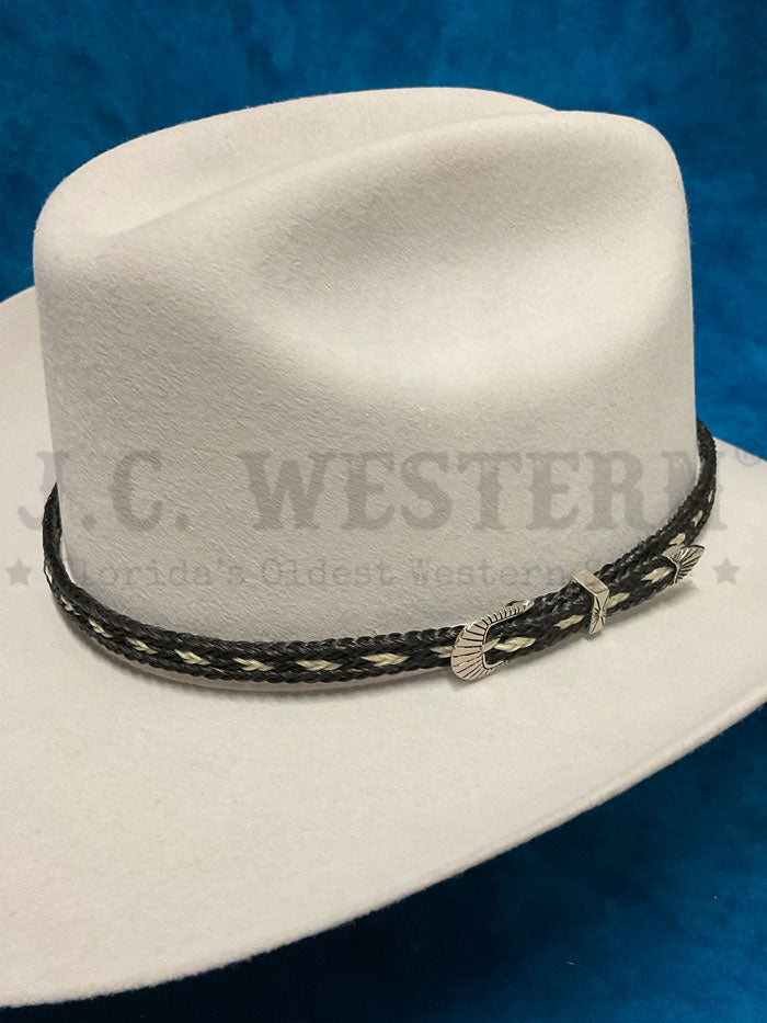 Fashionwest HH100B-1 Horse Hair Hatband Black buckle close up. If you need any assistance with this item or the purchase of this item please call us at five six one seven four eight eight eight zero one Monday through Saturday 10:00a.m EST to 8:00 p.m EST