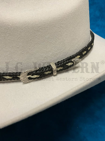 Fashionwest HH100B-1 Horse Hair Hatband Black buckle close up. If you need any assistance with this item or the purchase of this item please call us at five six one seven four eight eight eight zero one Monday through Saturday 10:00a.m EST to 8:00 p.m EST