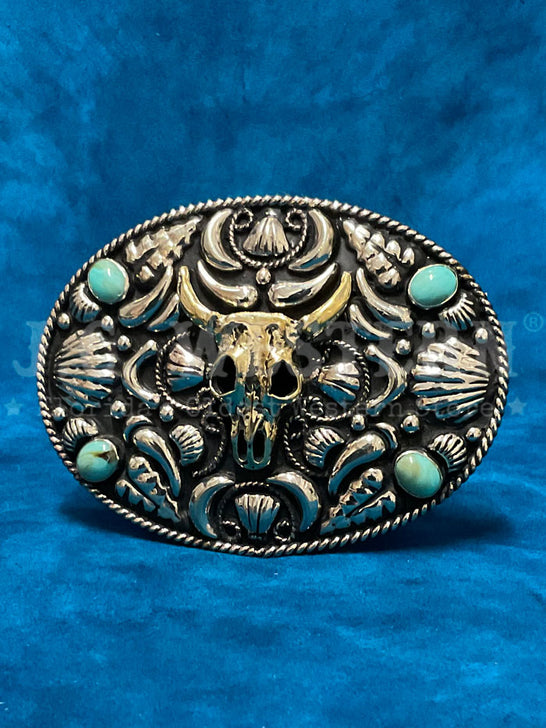 Fashionwest 451 Skull And Stones Oval Buckle Turquoise front view. If you need any assistance with this item or the purchase of this item please call us at five six one seven four eight eight eight zero one Monday through Saturday 10:00a.m EST to 8:00 p.m EST